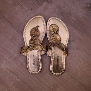raya sun Gold Snake-Print Toe-Loop Sandals
